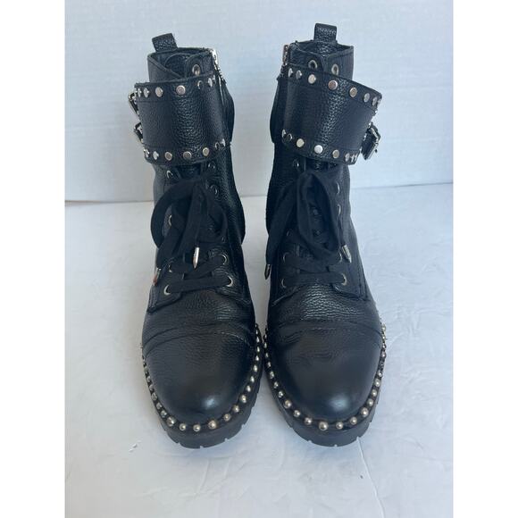 Sam Edelman Jennifer Black Pebble Leather Studded Lace-Up and Zip Ankle Boots 7M - Picture 5 of 10